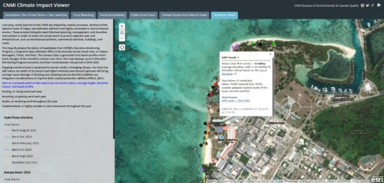 A screenshot of the CNMI Climate Impact Viewer with the Shoreline trends toggled. The window shows information on the left hand side and the map of the transects marked with red, black, purple, or green circles on Garapan. The small window shows information on AMP South 1 transect with the status, description of headstakes, and the attachments.